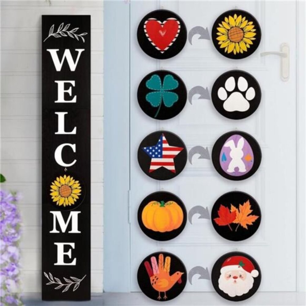 Welcome Sign for Front Door Wooden Sign with 10 Interchangeable Icons Farmhouse